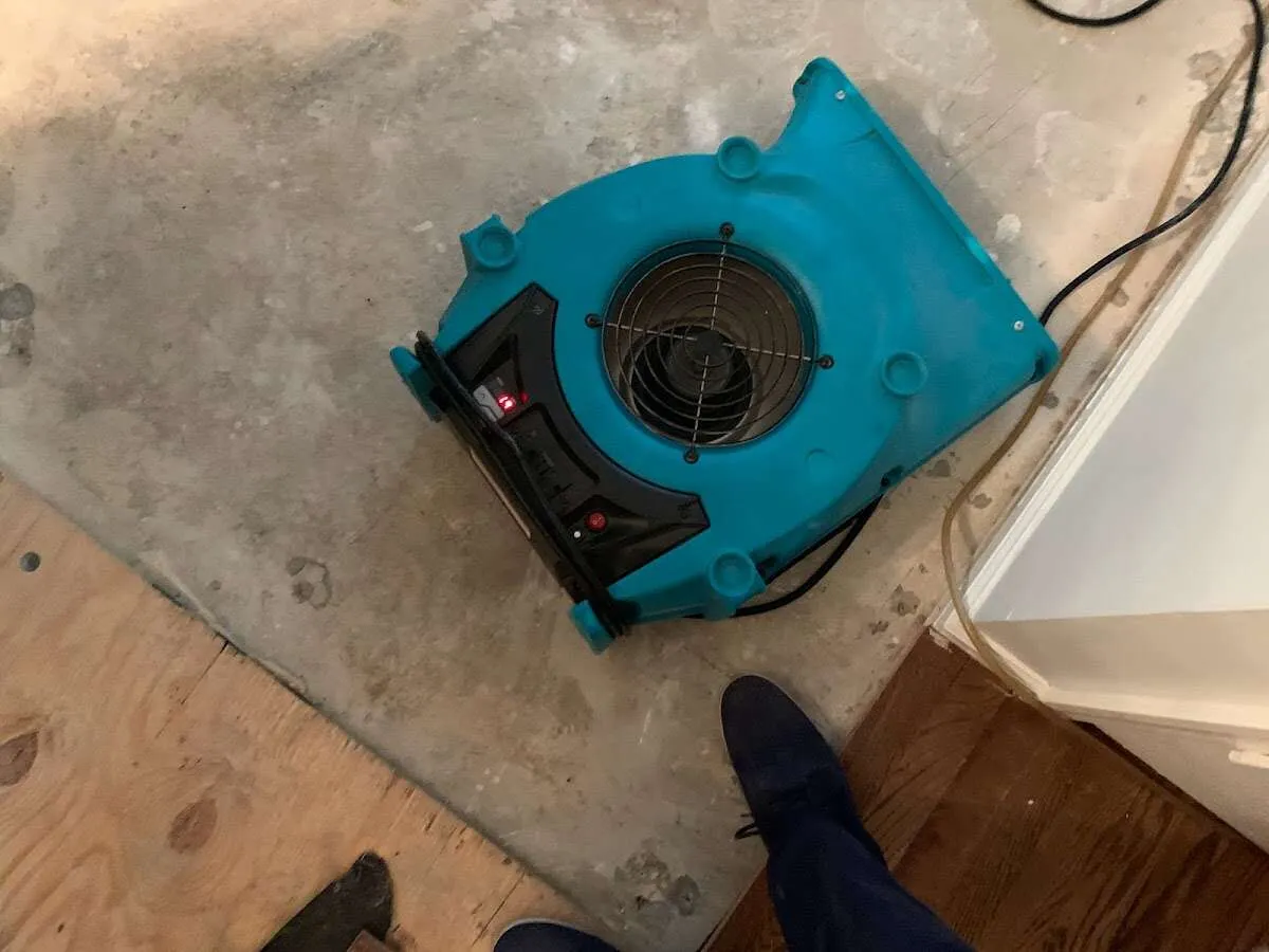 Air mover drying subfloor during Leak Detection & Repair in Fremont